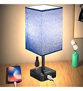 Dimmable Table Lamp with Blue Shade Bedside Lamp with Light Bulb,3 USB C+A Ports and Dual AC Outl...