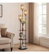 VANZBON Floor Lamp with Shelves, 3-Light Standing Lamp with Foot Switch, Rustic Standing Lamp wit...