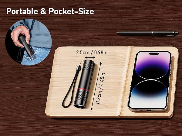 Text reads 'Portable & Pocket-Size'. Product demonstration showing measuring device being used with smartphone, includes measurement indicators.