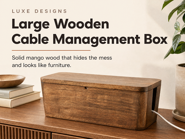 Closed mango wood cable box on a console hiding a power strip, one cord out the end slot