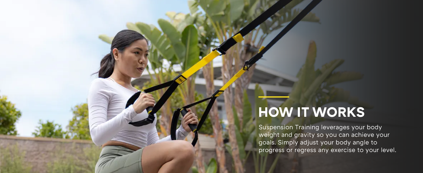 A person toning their arms with a Suspension Trainer. Text reads: Leverage your body weight.