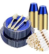 Bestluck 350 PCS Blue and Gold Plastic Plates, Disposable Dinnerware Set for 50 Guests, 100 Dispo...