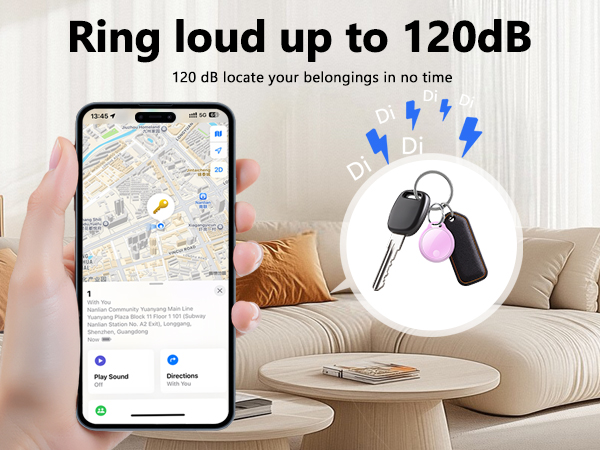 Text reads 'Ring loud up to 120dB' and '120 dB locate your belongings in no time'. Smartphone displaying map interface with key finder device illustration.