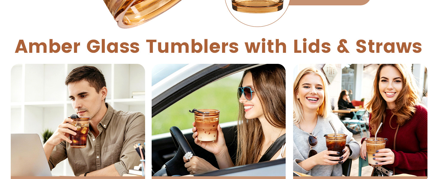 Glass Cups with Straws and Lids