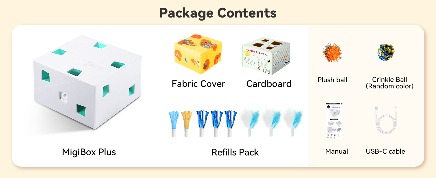 Text reads 'Package Contents'. Product packaging contents shown: HighBox Plus fabric cover with blue whale pattern, fabric cover insert, cardboard pieces, refills pack with blue and white clips, hangers, and USB cable.