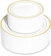 Pryntono 200PCS Gold Plastic Plates, Disposable Party Plates with Gold Rim, Include 100 Dinner Pl...