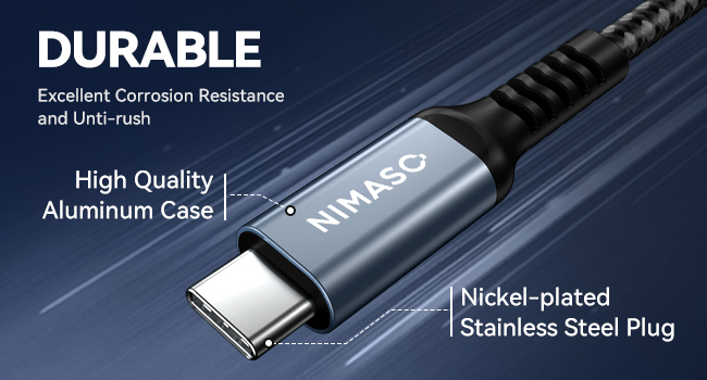 Nimaso USB-C cable with durable aluminum case, excellent corrosion resistance, and nickel-plated stainless steel plug. Close-up of connector highlighting durability features.