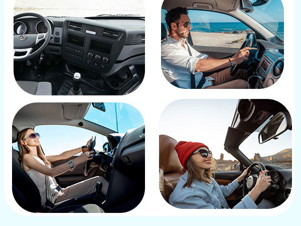 Four composite vehicle interior images showing driver and passengers using vehicles: driving through windshield view, person at steering wheel, child passenger, and hands on steering wheel.