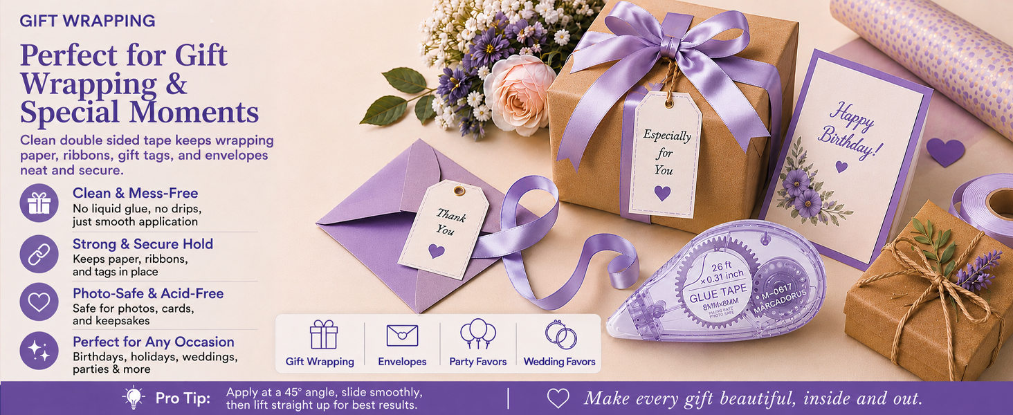 Double sided tape for gift wrapping cards ribbons and envelopes