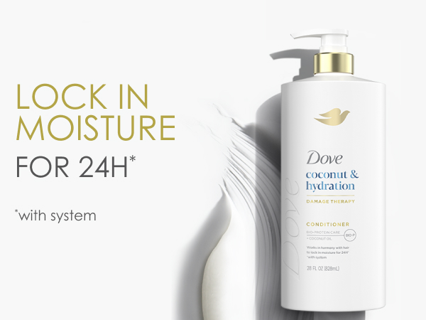 Image of Dove Coconut & Hydration Damage Therapy Shampoo on top of the liquid product next to text.