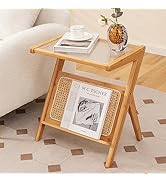 Giantex Rattan Side Table, Boho Nightstand with Glass Top & Magazine Rack, End Table with Storage...