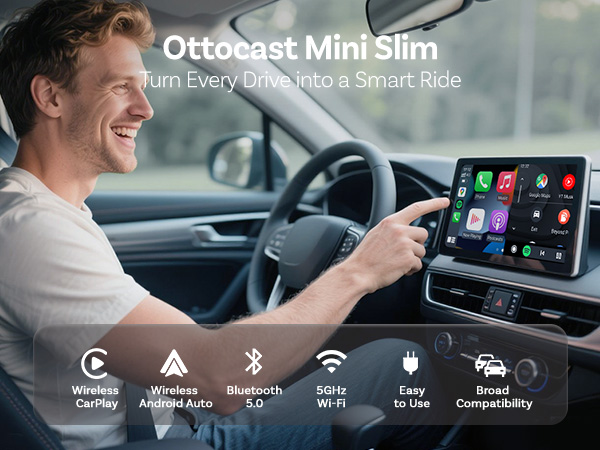Ottocast Mini Slim Wireless CarPlay Adapter, Android Auto Wireless Dongle, 2-in-1 Car Adapter