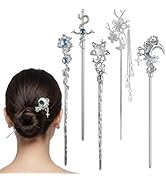 ZJO 5PCS Star Moon Hair Sticks, Silver Hairstick for Long Hair, Vintage Updo Hairpins with Star M...