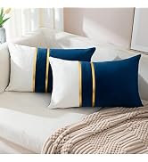 ZLINA Set of 2 Velvet Decorative Lumbar Pillow Covers Navy Blue White Patchwork with Gold Leather...