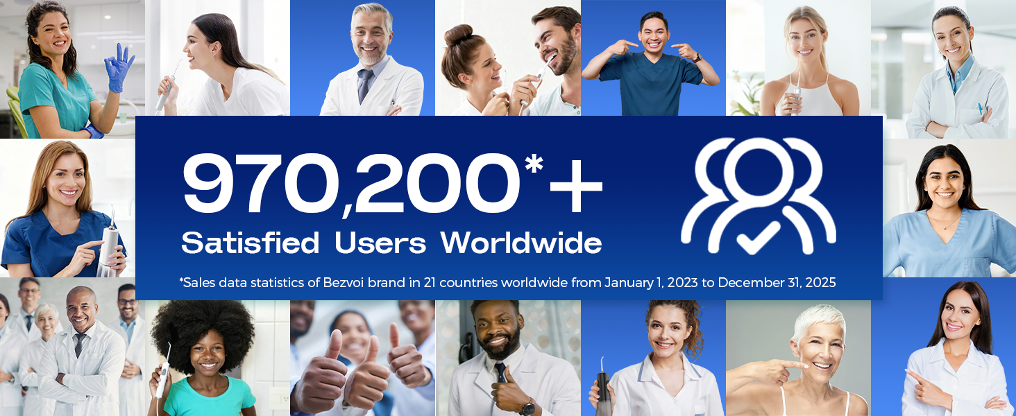 Text reads '970,200+ Satisfied Users Worldwide'. Marketing banner featuring medical professionals in various healthcare settings with blue and white color scheme.