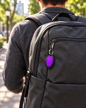Black backpack worn by person outdoors, featuring multiple compartments, padded straps, and a purple circular keychain attachment dangling from zipper.