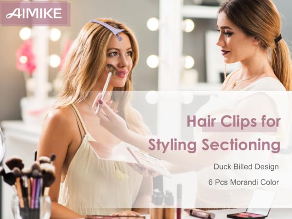 Aimike hair sectioning clips display with product text showing duck-billed design features in bright retail setting.