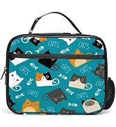 Cat Lunch Box for Boys Girls, Insulated Reusable Blue Lunch Bag with Watter Bottle Holder Portabl...