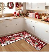 Merry Christmas Red Truck Gnomes Snowflake Buffalo Plaid Kitchen Rugs Set of 2, Winter Home Decor...