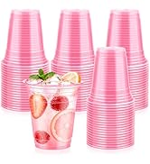 LIKAJON 50 Pink Transparent Plastic Cups, 12 oz Disposable Cups, Drinking Valentine's Day Cups fo...