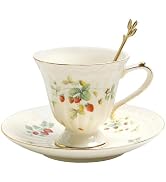 Porcelain Tea Cup and Saucer Set, 8.5 oz/250 ml Ceramic Coffee Mug with Saucer and Spoon, Vintage...