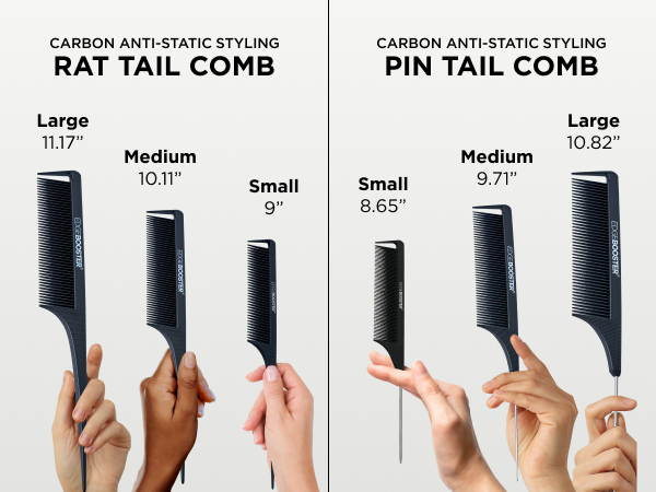 EDGE BOOSTER carbon rat tail and pin tail combs shown in small medium and large sizes
