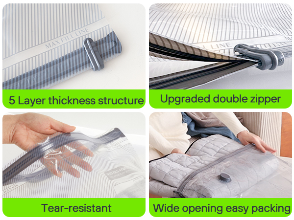 Composite image showcasing features of a storage bag: 5-layer thickness, double zipper, tear-resistant material, and wide opening for easy packing. Close-up views of zipper and fabric texture.