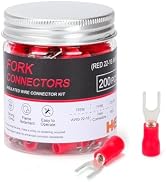 HKS 200PCS Insulated Fork Spade Wire Connectors - Red 22-16 AWG M5 Stud Size #6 - Tinned Red Copp...