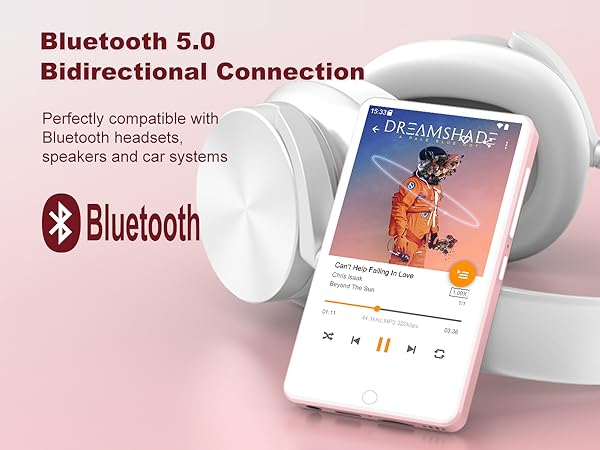 Bluetooth 5.0 wireless earbuds with bidirectional connection, shown next to a smartphone displaying a music player interface. Compatible with Bluetooth headsets, speakers, and car systems.