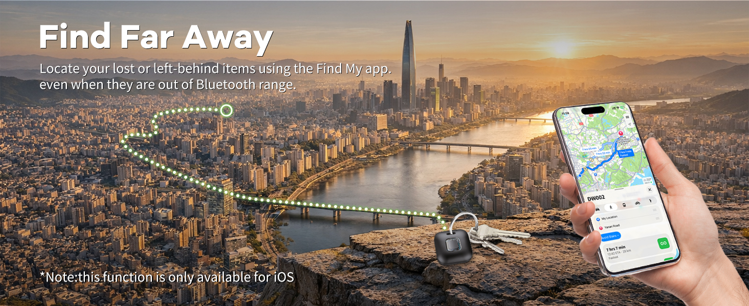 Text reads 'Find Far Away'. Aerial cityscape with bridge and river, showing smartphone displaying map interface in foreground.