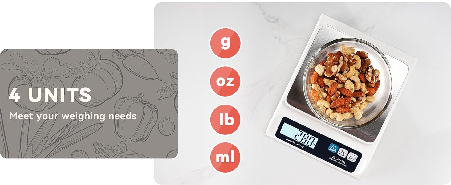 BOMATA 0.1g Food Scale, 13lb Digital Kitchen Scale with Removable Stainless Steel Pan