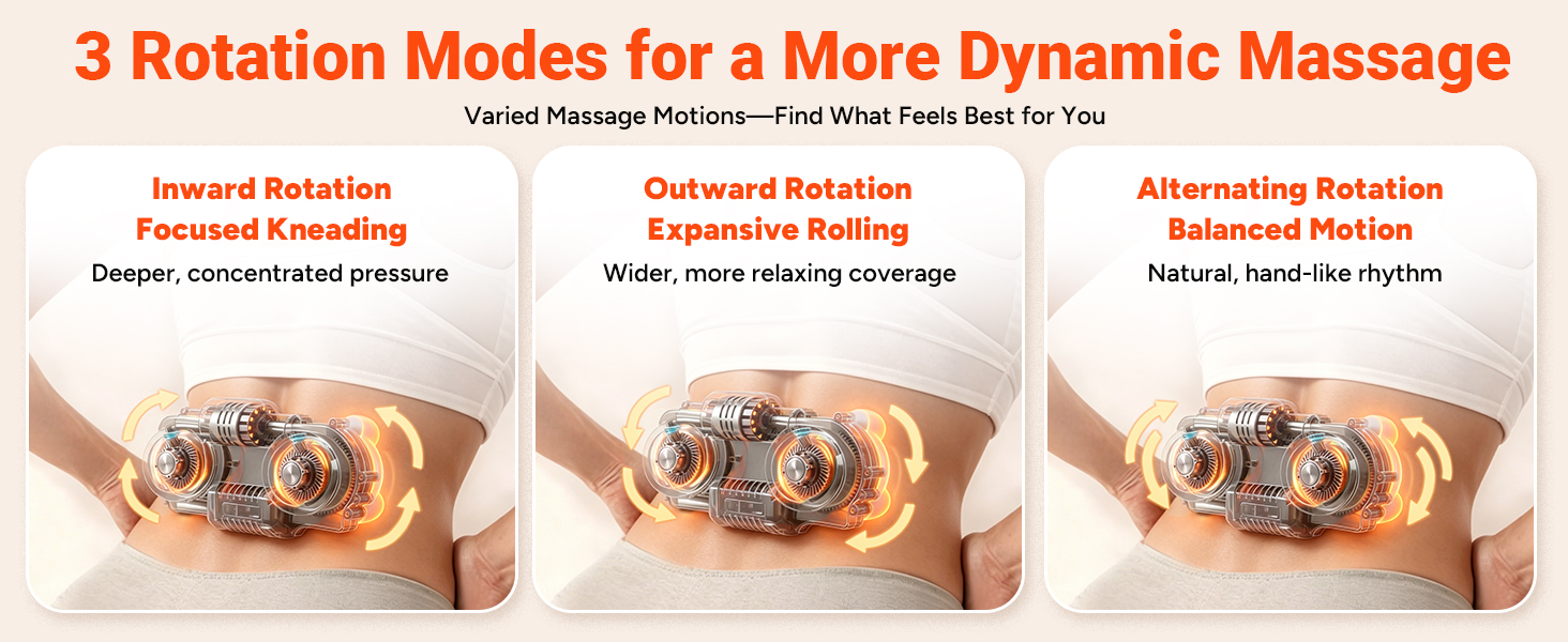 3 rotation modes for personalized lower back comfort and natural massage movement.