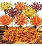 Der Rose 24Pcs Artificial Fall Flowers for Outdoors, Fake Mums and Ferns | UV Resistant mixed ora...