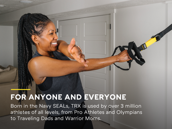 A person doing personal training at home. Text reads: For anyone and everyone.