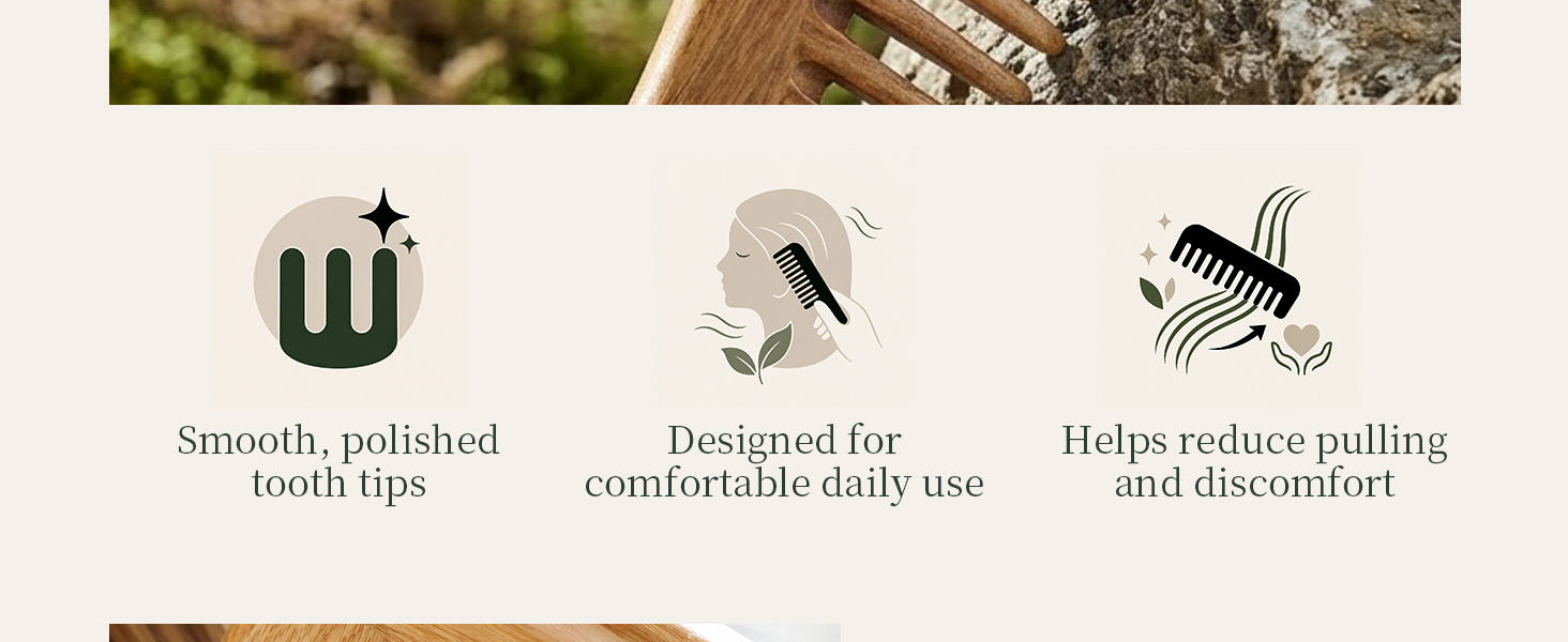 Three comb benefits: Smooth polished tips, comfortable daily use, reduces pulling and discomfort.