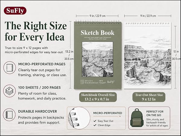 SuFly 9x12 drawing pad with size labels, white paper, hard cover, and tear-out sheet shown.