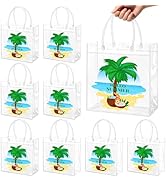 Cosweet 24 Pcs Summer Clear Gift Bags Bulk with Handles - 7.9"x 7.9"x 3" Reusable PVC Hawaiian Tr...