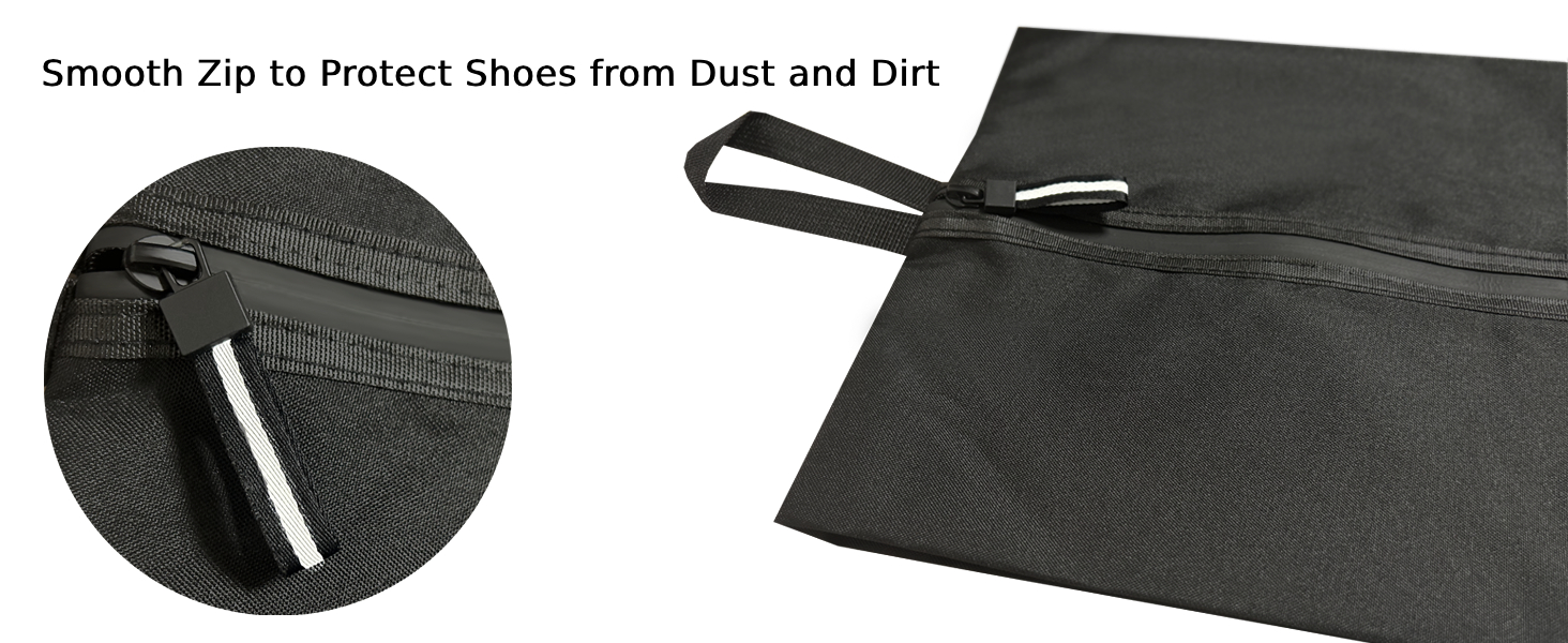 Black fabric shoe bag with smooth zipper closure and carrying loop. Close-up of zipper shows protective flap. Text indicates it protects shoes from dust and dirt.