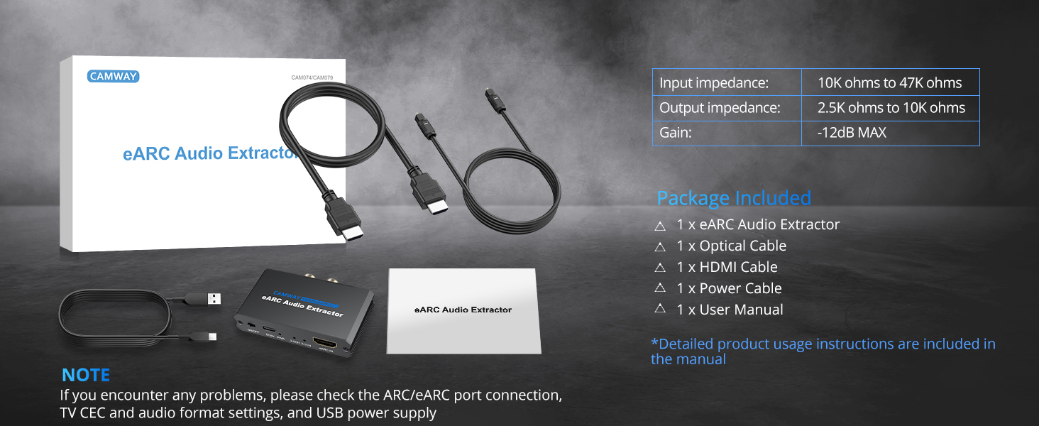 Dark technical product banner showing audio equipment specifications and connection details with blue accent lighting.