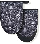 Black Gothic Skull Goth Skeleton Flower Mini Silicone Oven Mitts, Heat Slip Resistant Kitchen Glo...