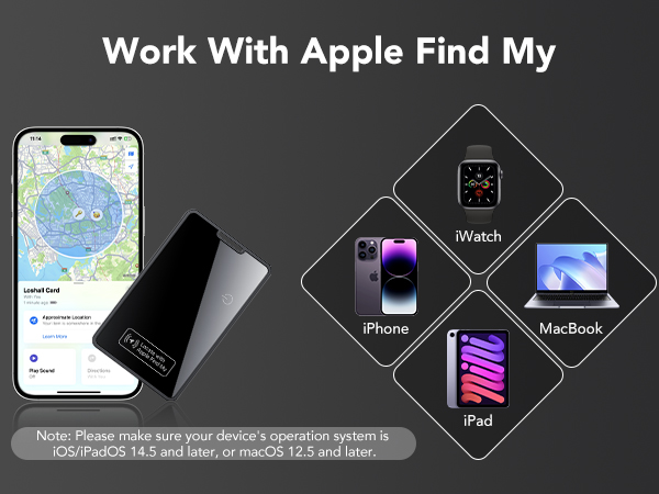 Text reads 'Work With Apple Find My'. Series of interface screenshots showing Apple device location tracking features and maps across multiple screens.