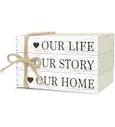 Decorative Books for Home Decor, Rustic Wood Book Stack for Table Decor, Our Life Our Story Our H...