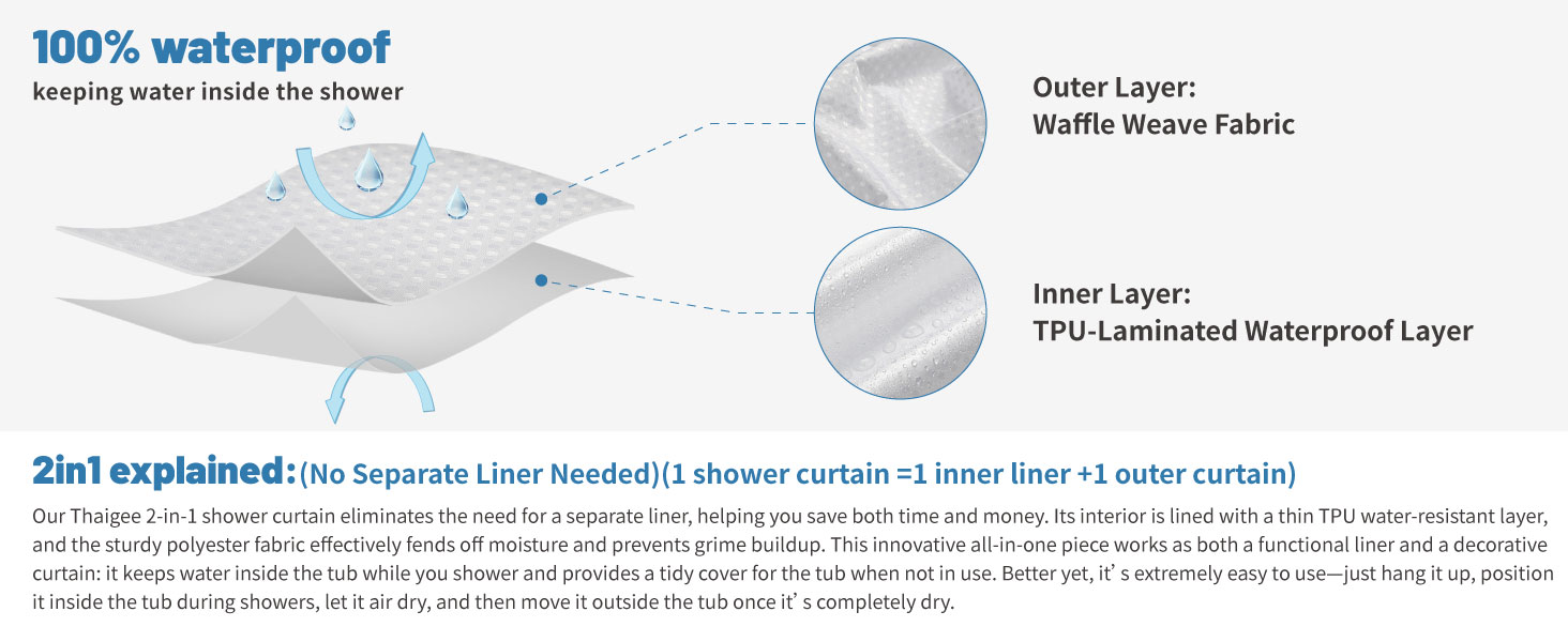 Our Thaigee 2-in-1 shower curtain eliminates the need for a separate liner,