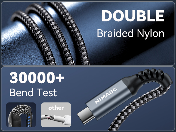 Double braided nylon cable with 30000+ bend test claim. Shows close-up of braided texture and a bent cable. Features NIMASO branded connector tip.