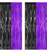 2 Pack Halloween Decor, 3.28 FT x 7.05 FT Purple and Black Foil Streamer, Metallic Fringe Curtain...