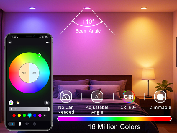 RGB LED Recessed Lighting with over 16 million colors, Dimmable white (2700K to 6500K) for choice