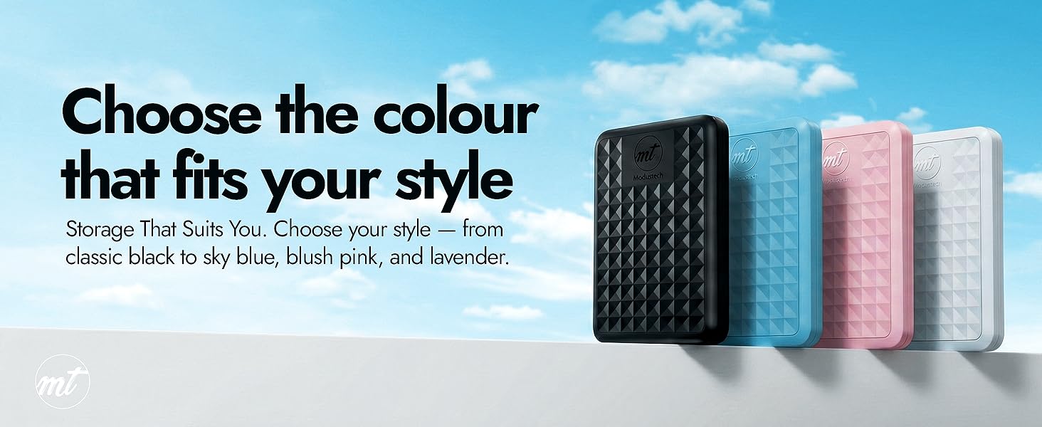 Four Facet portable hard drives lined up in black sky blue blush pink and lavender against blue sky
