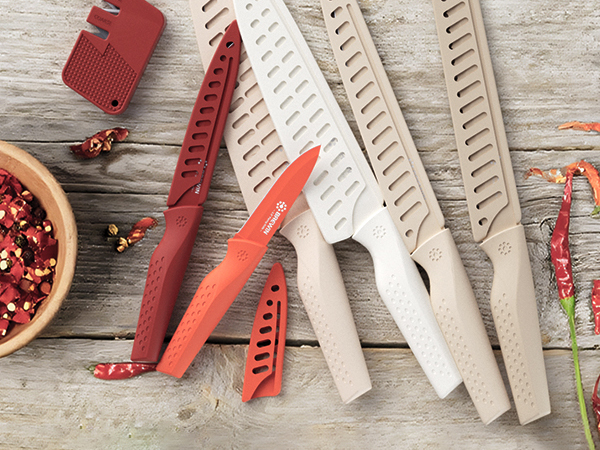 Kitchen knife set with blade guards, ideal for camping, cooking, and safe storage