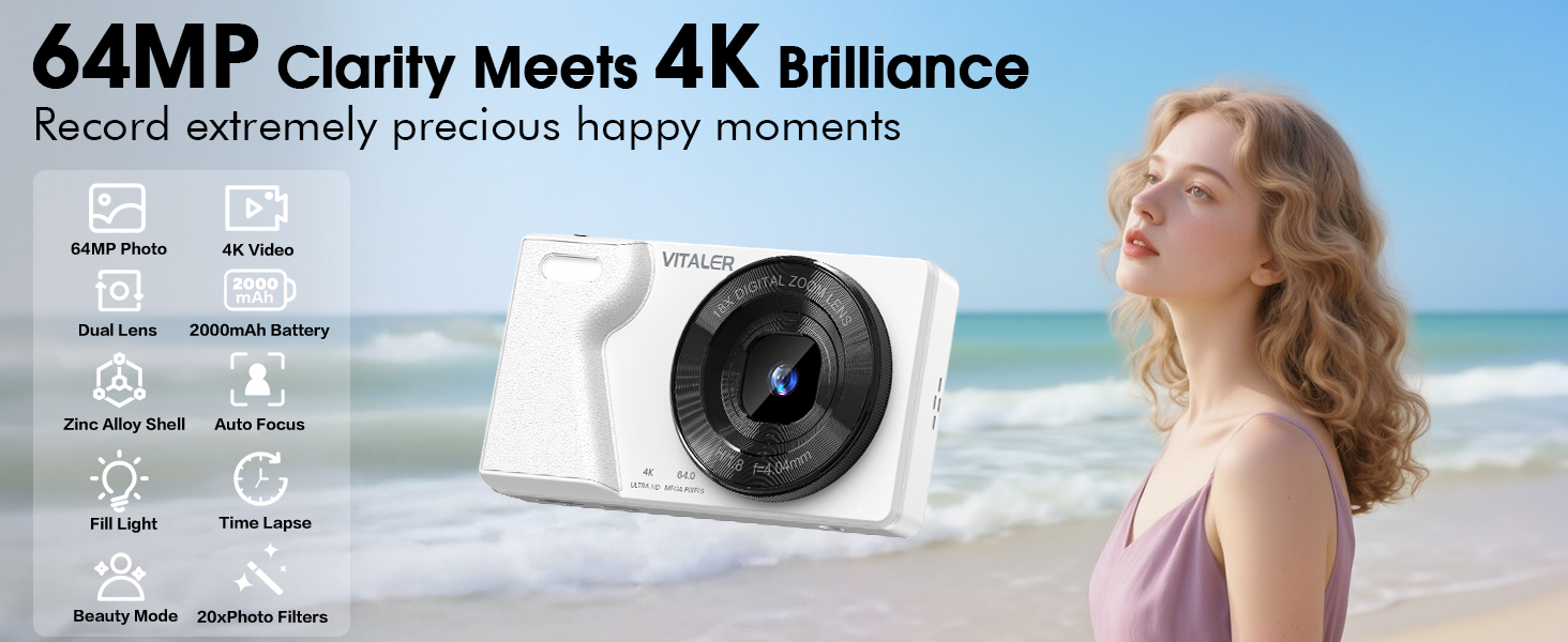 Text reads '64MP Clarity Meets 4K Brilliance'. Marketing banner showing camera specifications against a beach/ocean background.