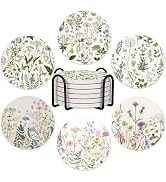 6Pcs Floral Coasters with Holder, Elegant Wildflowers Ceramic Round Absorbent Coaster Set of 6 fo...
